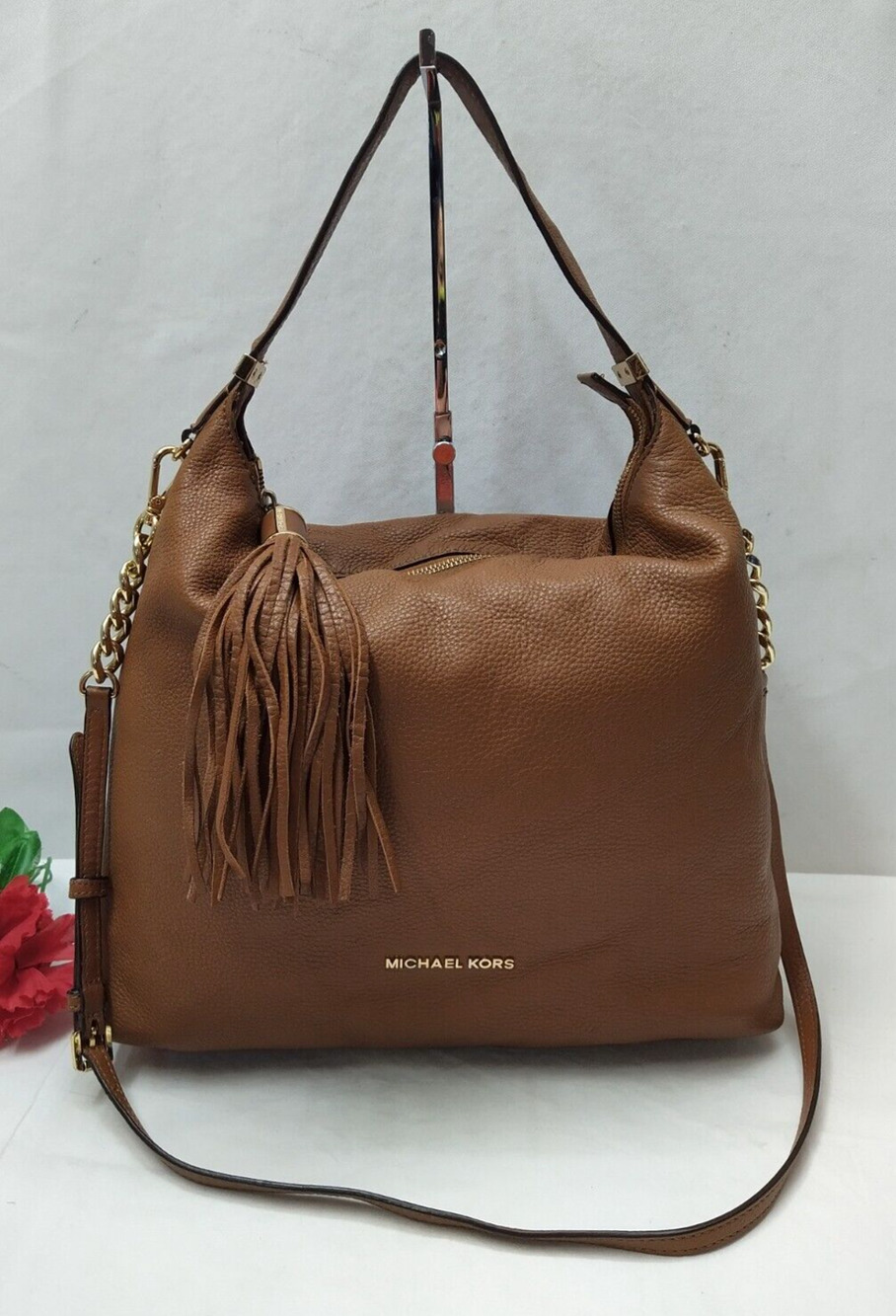 Michael Kors Brown Leather Tassel Zipper Closure Crossbody Shoulder Bag